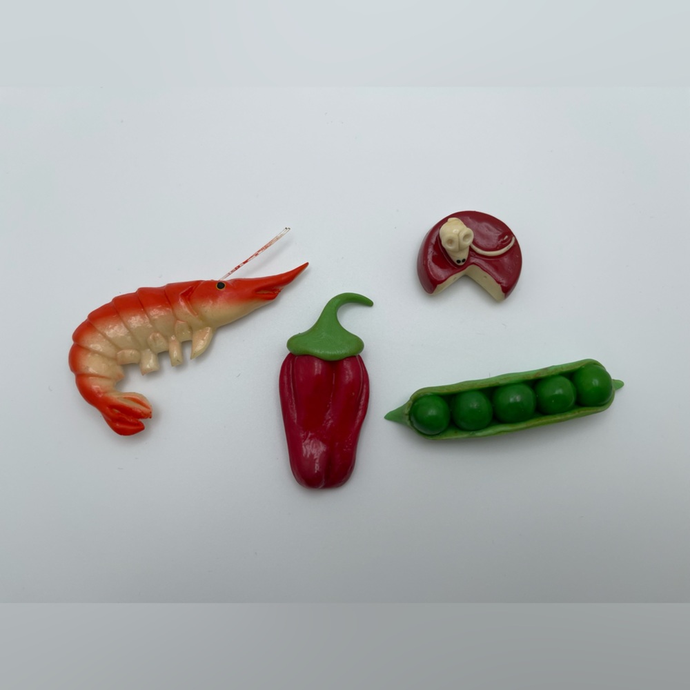 Realistic Fridge Magnet cheese wheel with mouse, shrimp, peas and red pepper
